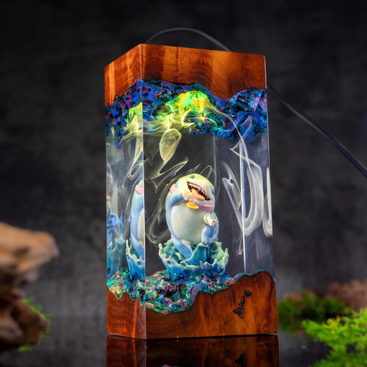 Handmade Cute Jeff the Shark and Ocean Waves Resin Diorama Lamp