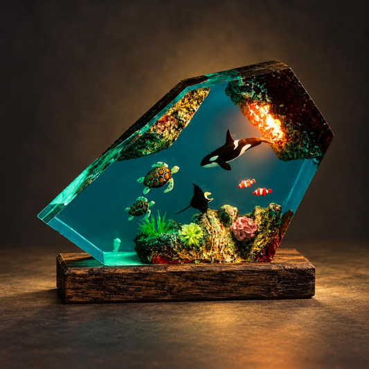 Deep Sea Diorama Lamp, Orca and Coral Reef Resin Light