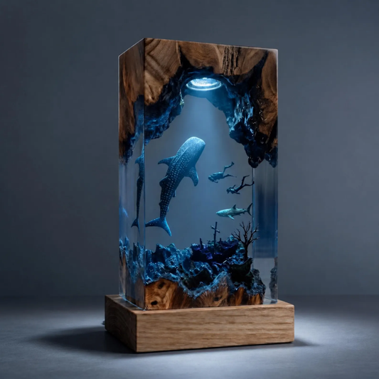 Epoxy Resin Ocean Lamp, Manta Ray & Diver Diorama Night Light
