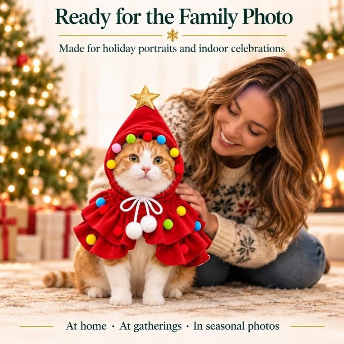 Christmas Tree Pet Costume Hooded Cape for Small Dogs Cats Holiday Outfit