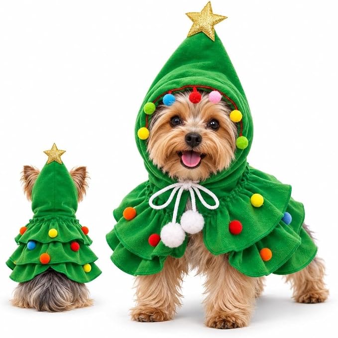 Christmas Tree Pet Costume Hooded Cape for Small Dogs Cats Holiday Outfit
