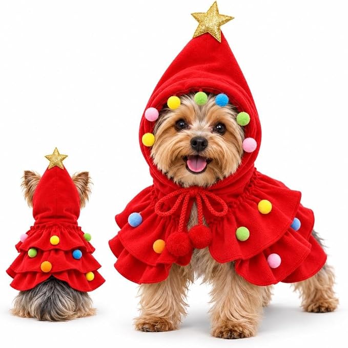 Christmas Tree Pet Costume Hooded Cape for Small Dogs Cats Holiday Outfit