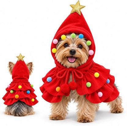 Christmas Tree Pet Costume Hooded Cape for Small Dogs Cats Holiday Outfit