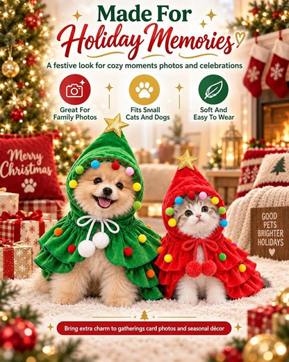 Christmas Tree Pet Costume Hooded Cape for Small Dogs Cats Holiday Outfit