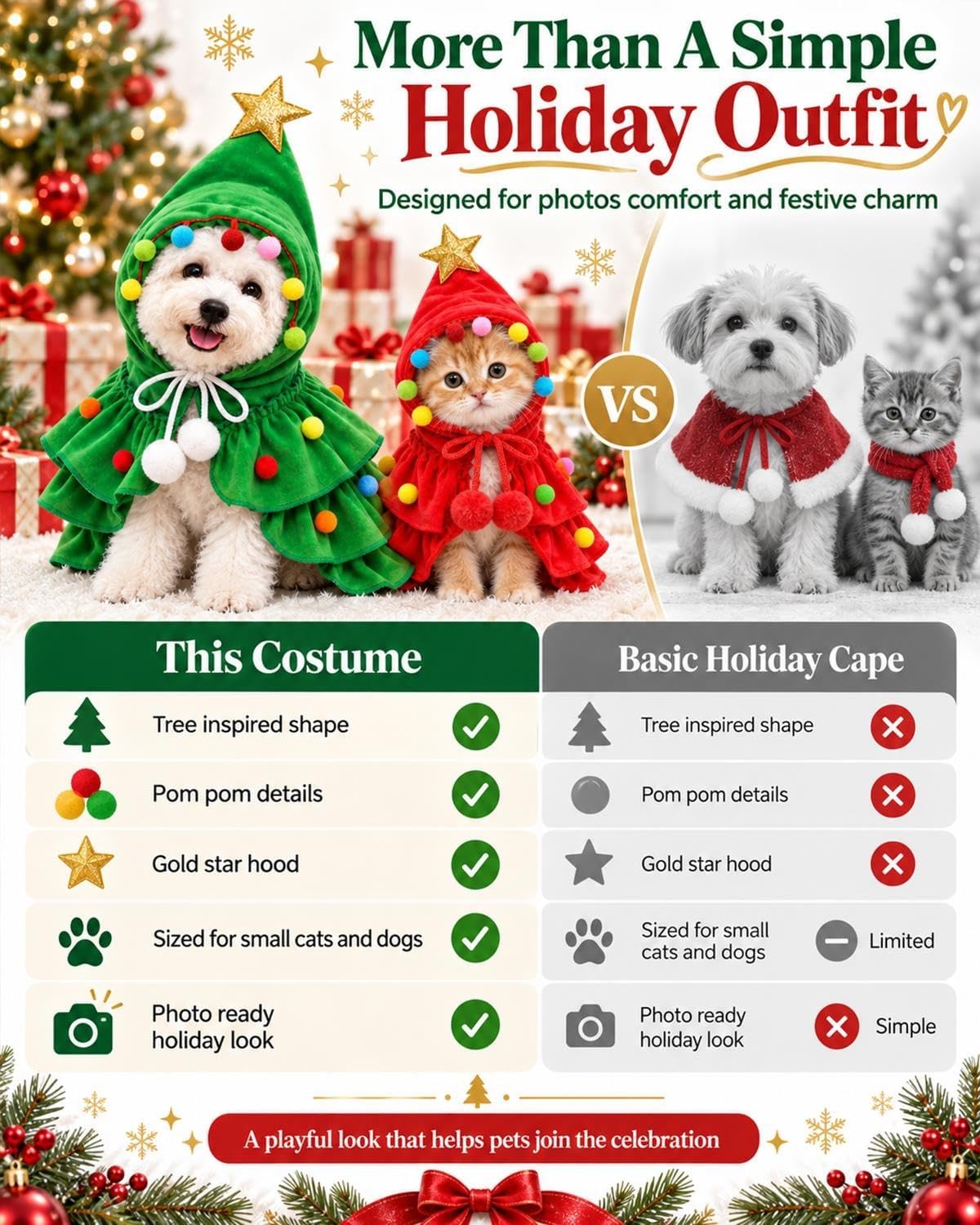 Christmas Tree Pet Costume Hooded Cape for Small Dogs Cats Holiday Outfit