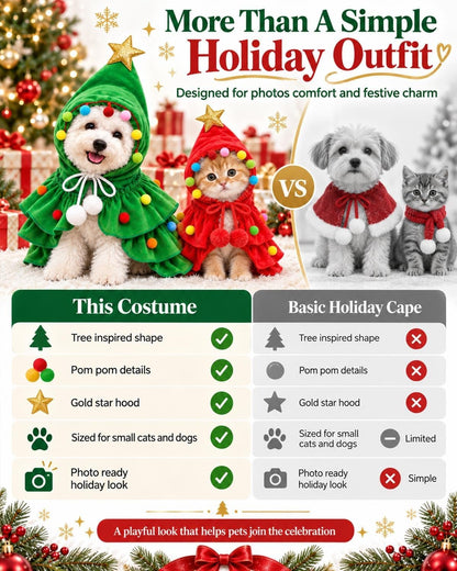 Christmas Tree Pet Costume Hooded Cape for Small Dogs Cats Holiday Outfit