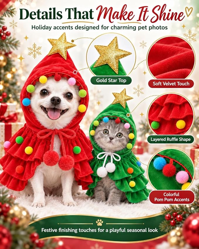 Christmas Tree Pet Costume Hooded Cape for Small Dogs Cats Holiday Outfit