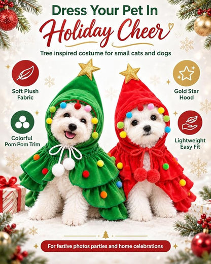Christmas Tree Pet Costume Hooded Cape for Small Dogs Cats Holiday Outfit