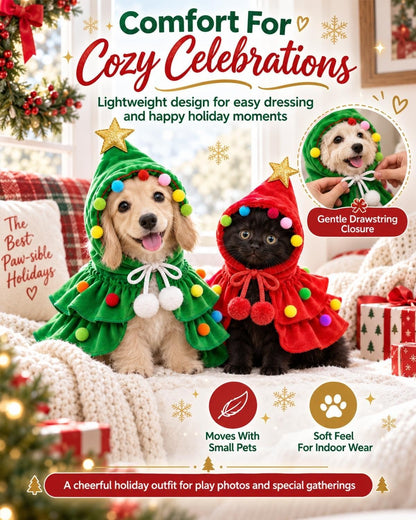 Christmas Tree Pet Costume Hooded Cape for Small Dogs Cats Holiday Outfit