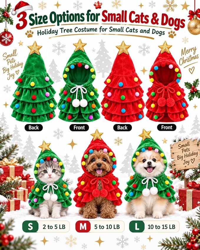 Christmas Tree Pet Costume Hooded Cape for Small Dogs Cats Holiday Outfit