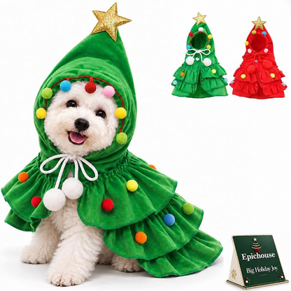 Christmas Tree Pet Costume Hooded Cape for Small Dogs Cats Holiday Outfit