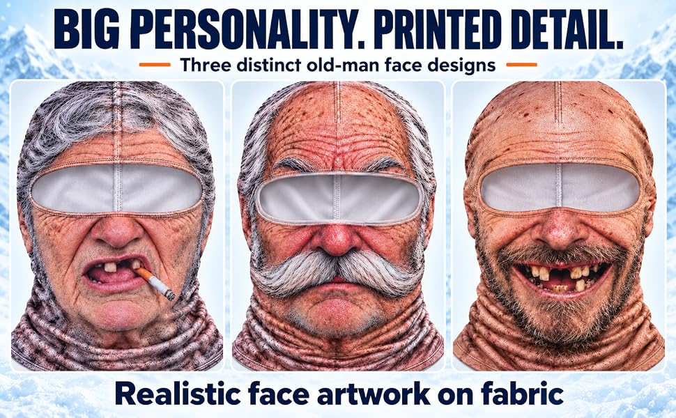 Three distinct printed old-man face designs