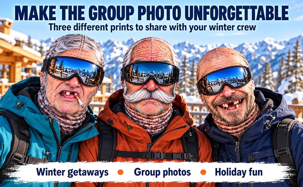 Three friends wearing different old-man face prints