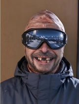 Customer wearing an old-man mask