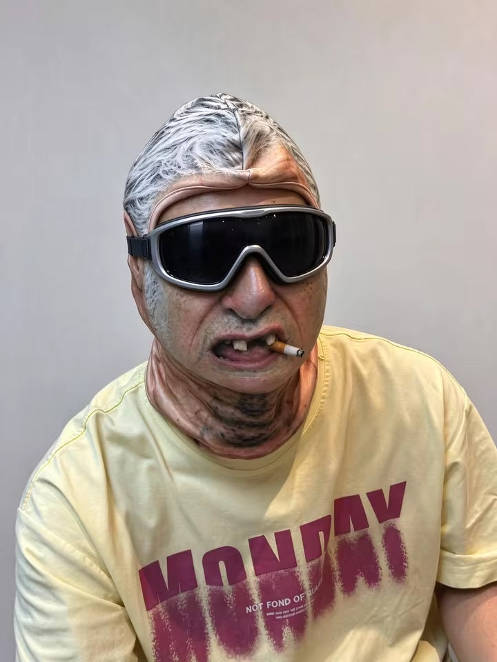 Customer wearing an old-man printed balaclava
